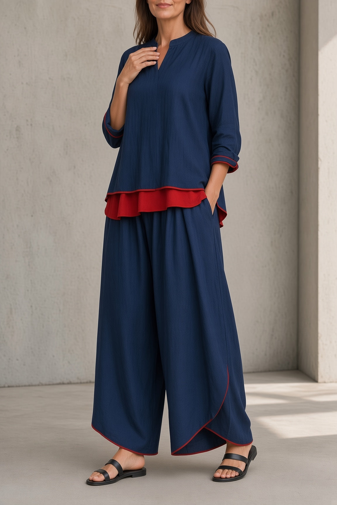 Tamsin | Contrast Trim Tunic & Wide-Leg Pant Set