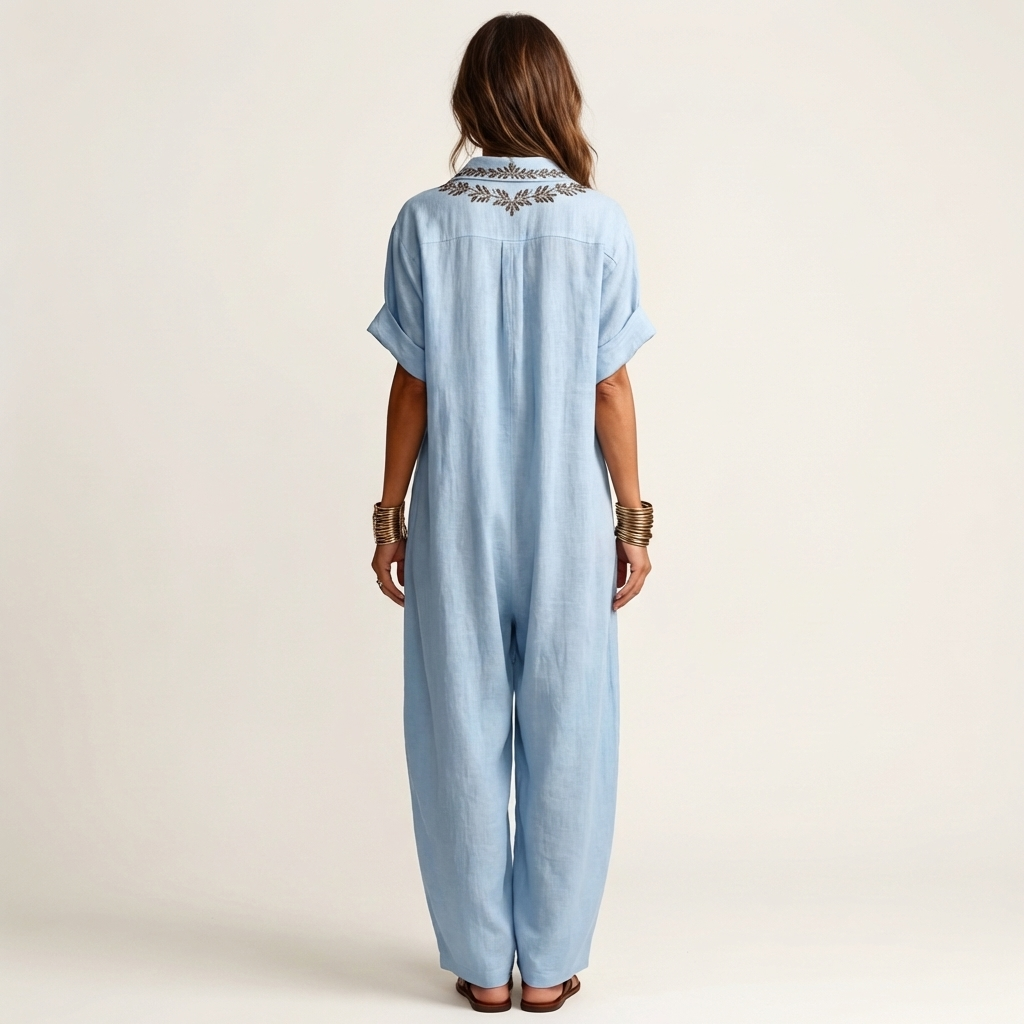 Petra | Vestido Maxi en Lino con Cuello y Escote en V Bordado