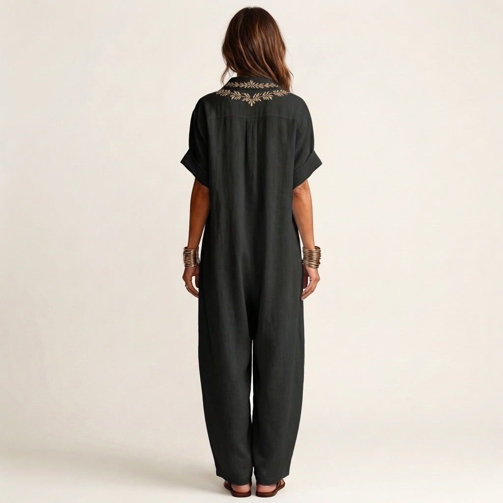 Petra | Vestido Maxi en Lino con Cuello y Escote en V Bordado