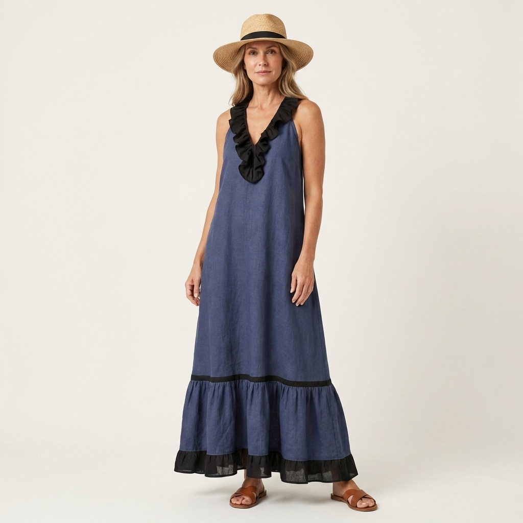 Serafina | Vestido Maxi sin Mangas con Cuello de Volantes y Ribete Contraste
