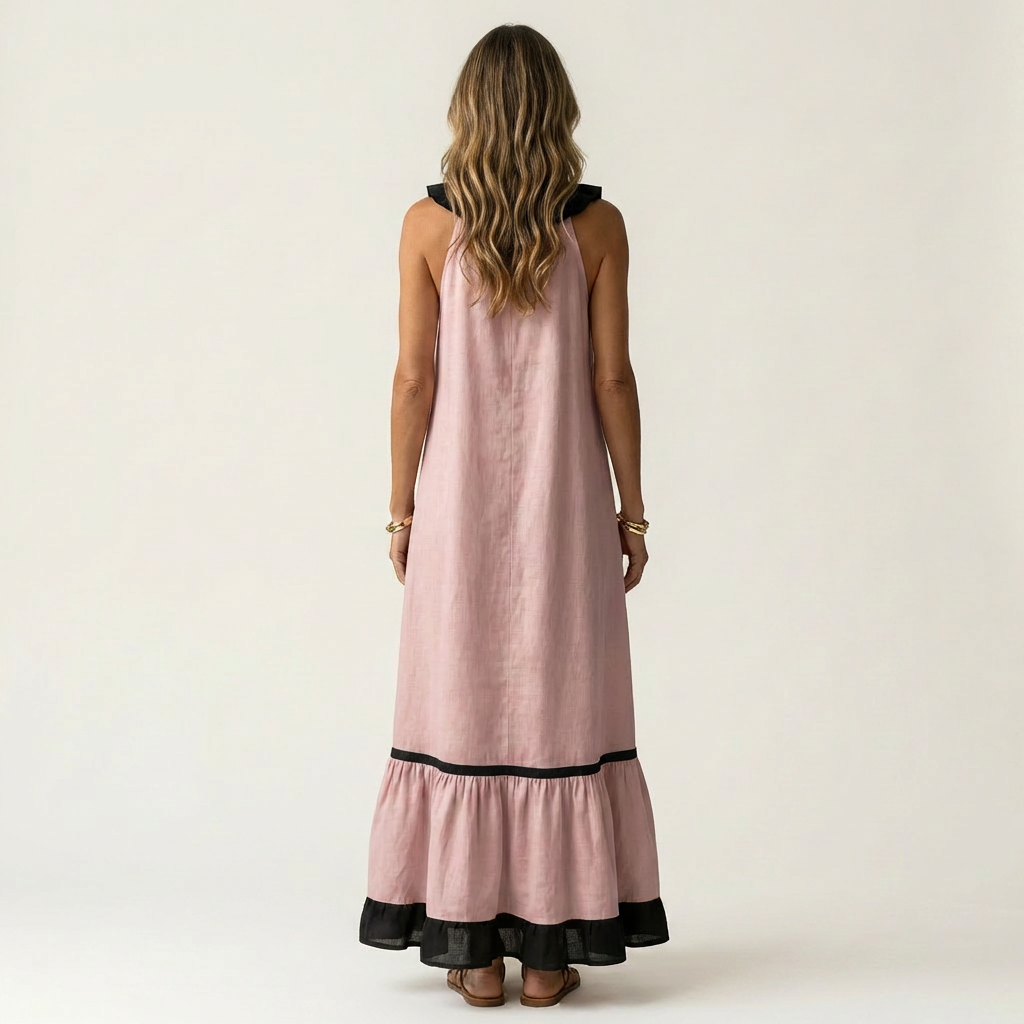 Serafina | Vestido Maxi sin Mangas con Cuello de Volantes y Ribete Contraste