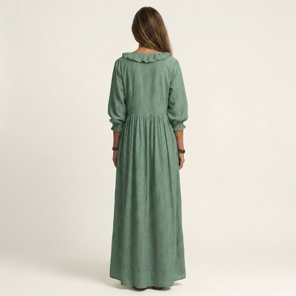 Paloma | Vestido Maxi de Rayas con Escote en V de Volantes y Manga Farol