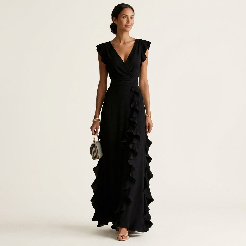 Celeste | Vestido Maxi Cruzado con Escote en V, Manga Mariposa y Volante Cascada