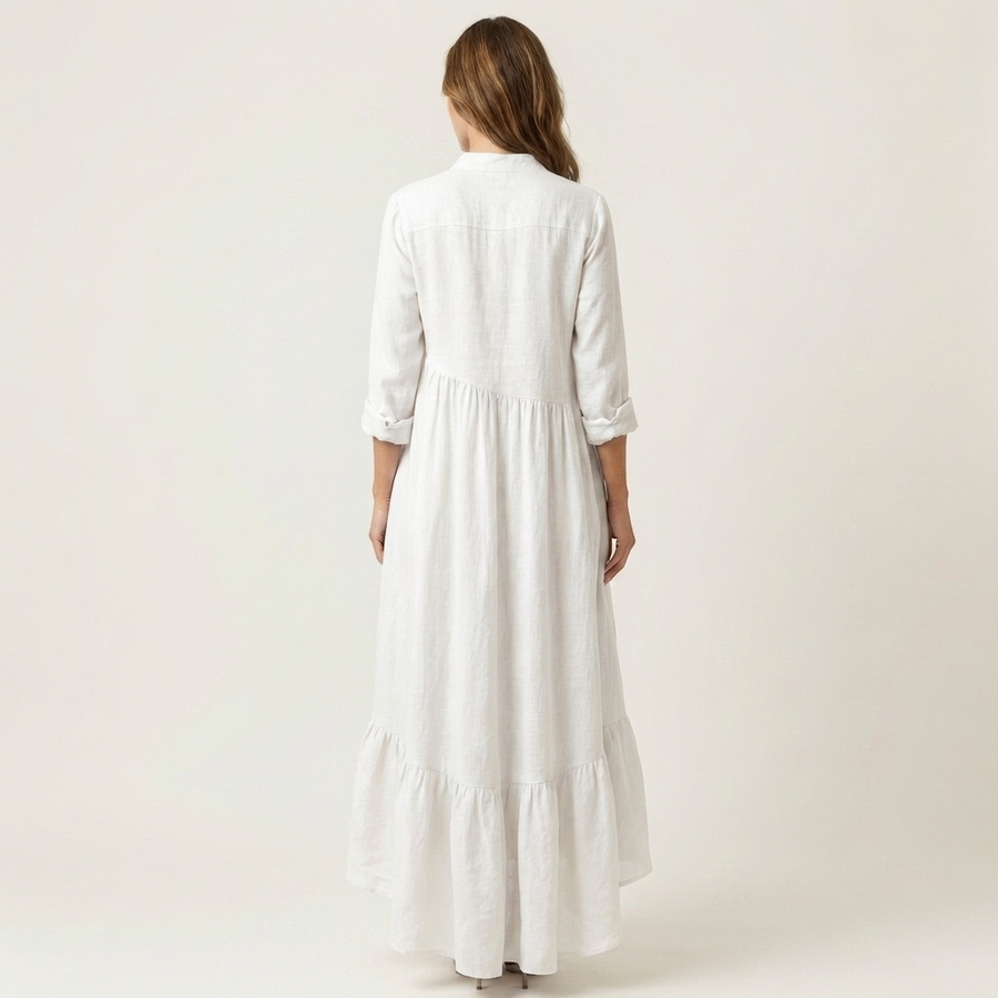 Adriana | Vestido Maxi con Cuello Mao, Botones y Bajo de Volantes