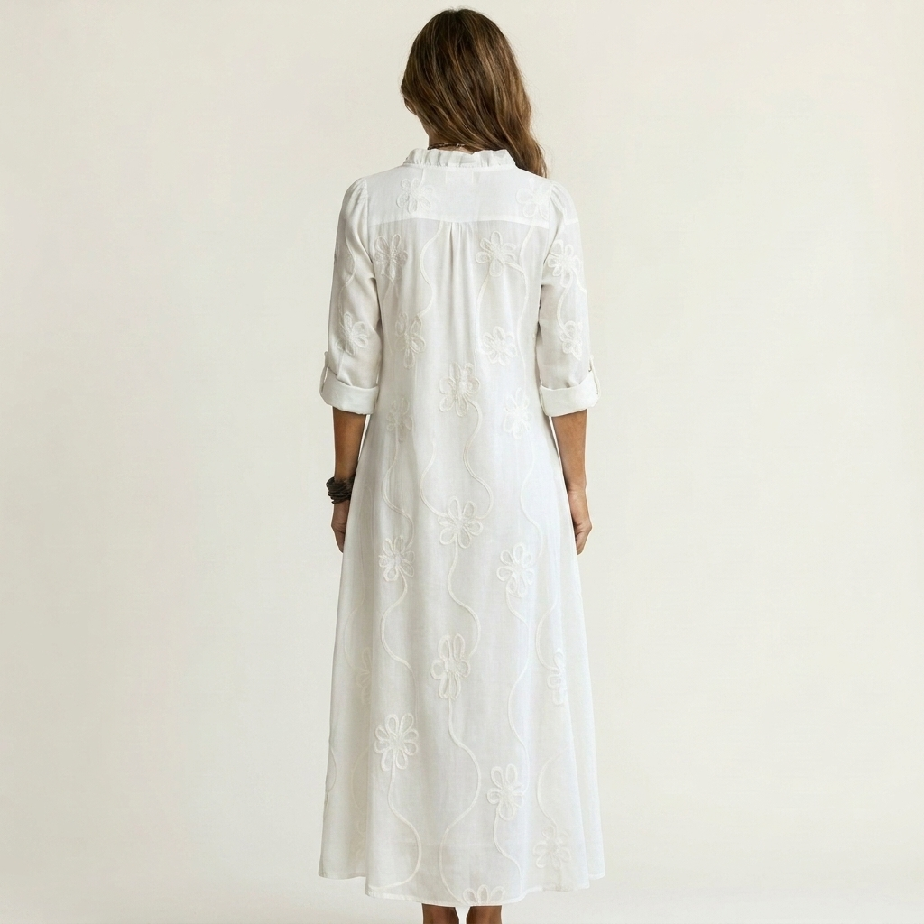 Odalys | Vestido Maxi en Algodón y Lino con Bordado Floral Tono sobre Tono