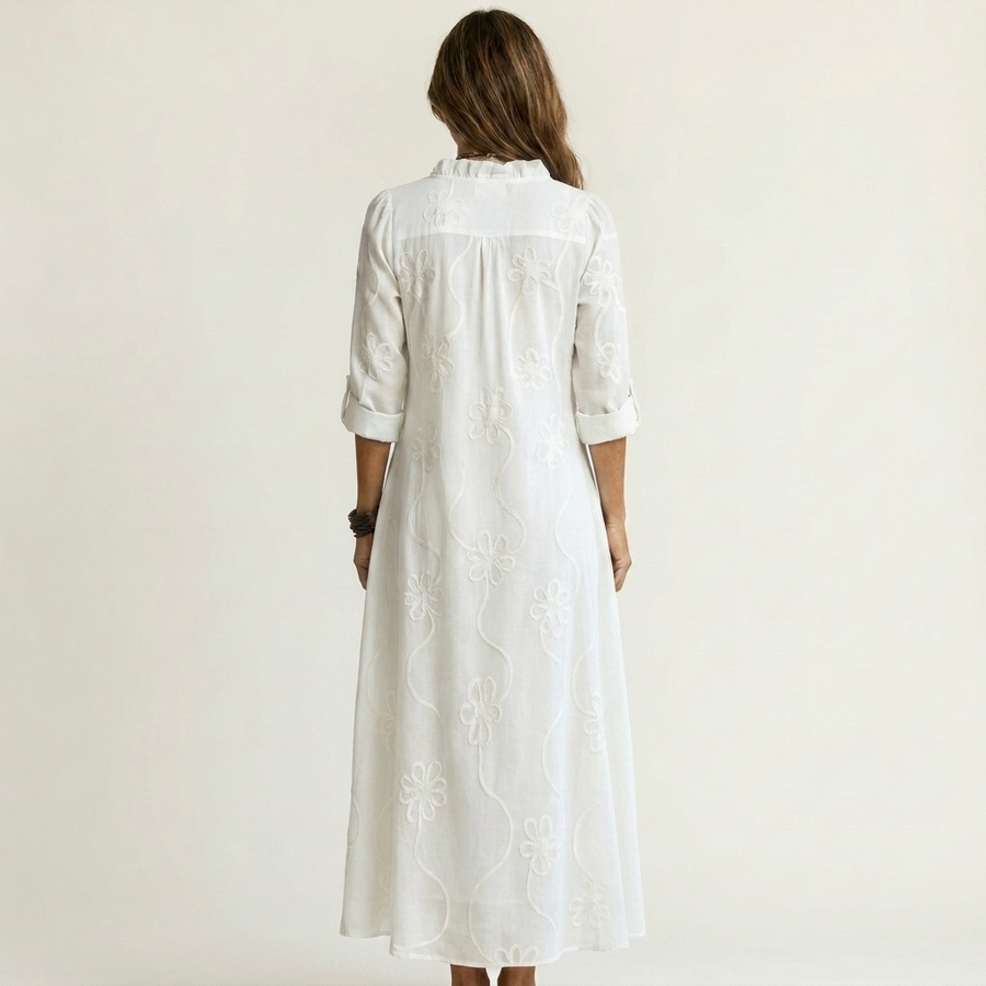Odalys | Vestido Maxi en Algodón y Lino con Bordado Floral Tono sobre Tono